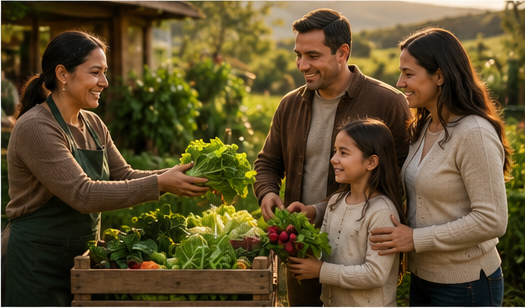Una familia comprando verduras frescas directamente a una agricultora en el puesto de Granja Verde